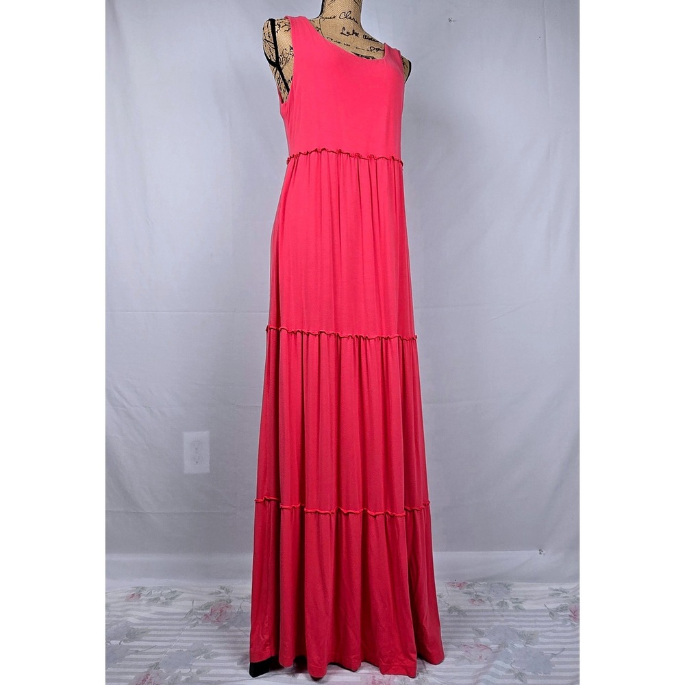 Chicos Pink/Coral Tiered Maxi Dress Sleeveless‎ Ruffle Trim Size 1